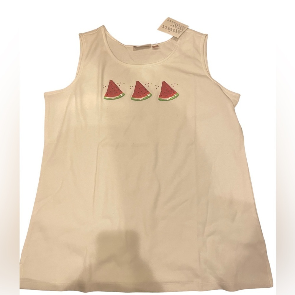 Quacker Factory Sleeveless White Rhinestone Sparkly Watermelon T-Shirt Large